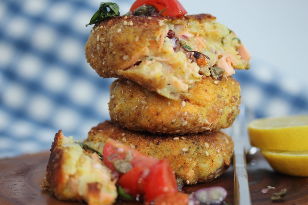 Salmon & Nori Fish Cakes with Tomato Basil and Caper Salsa