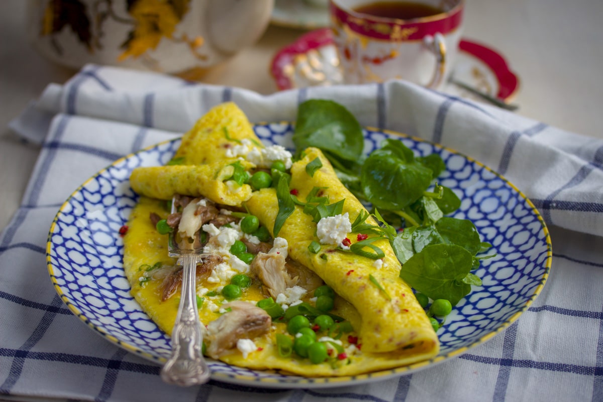 Smoked Mackerel Omelette with Peas and Spring Onion, Feta Crumble IINH