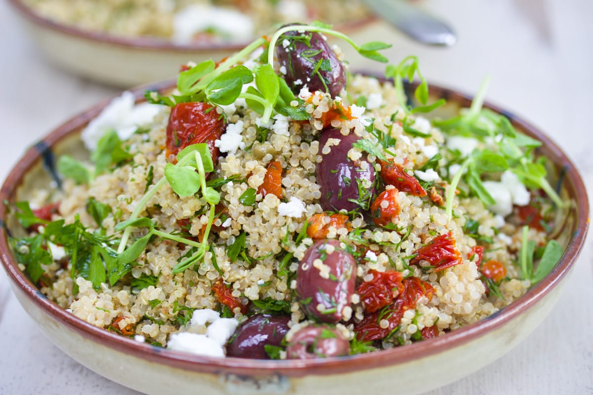 Greek Quinoa Salad with Smoked Semi-Dried Tomatoes, Olives and Feta