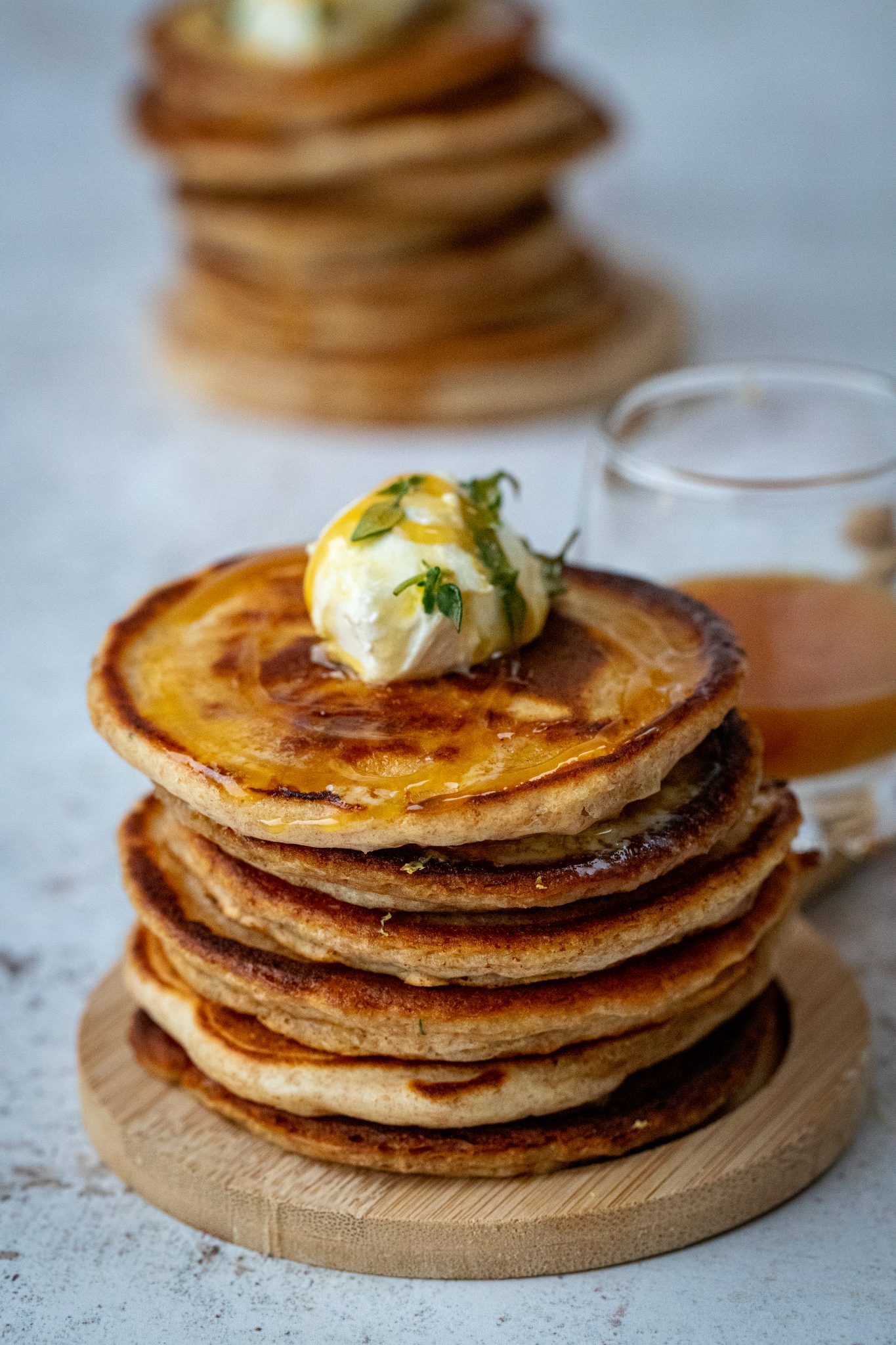 Goats Cheese, Lemon and Thyme Pancakes with Manuka Honey and Melted Butter Drizzle