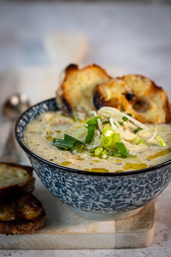 Cauliflower, Fennel and White Bean Soup with Grilled Halloumi Toasts